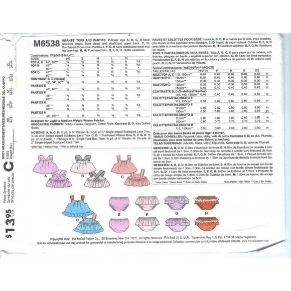 McCalls Sewing Pattern M6538 Infants Top Panties Size NB-XL - Picture 3 of 3